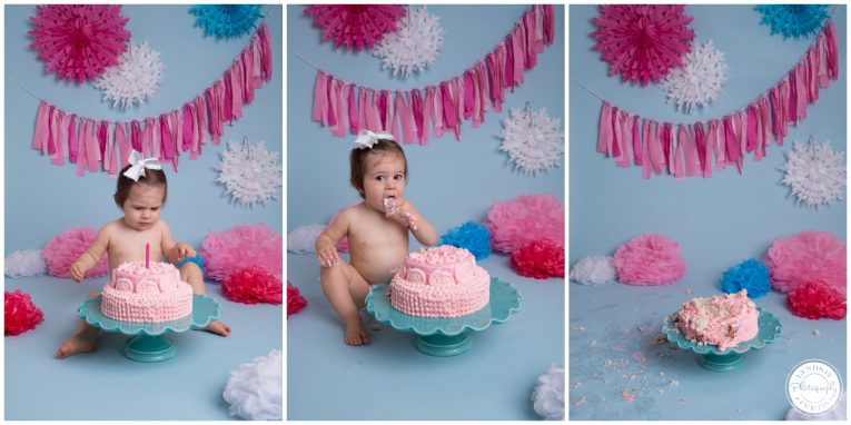 Portrait photographer Lyndsay Curtis photographs one year old Parker Smith at her blue and pink cake smash session in-studio in Sigonella | www.lyndsaycurtis.com