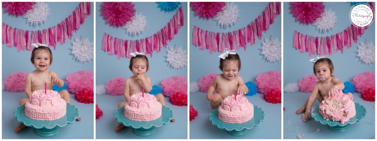 Portrait photographer Lyndsay Curtis photographs one year old Parker Smith at her blue and pink cake smash session in-studio in Sigonella | www.lyndsaycurtis.com